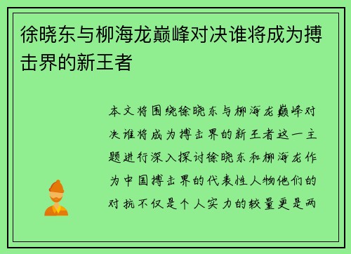 徐晓东与柳海龙巅峰对决谁将成为搏击界的新王者